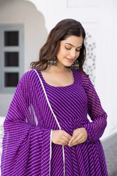 Floral Printed Knee Length Elbow Length Sleeves Round Neck Kurti And Palazzo Set With Net Dupatta-HFXMA-A4-PURPLE